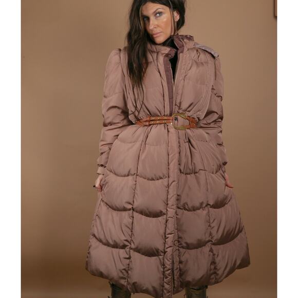 Vintage Beige Down Puffer Long Coat Jacket Quilted Leather Belt Warm Size L - Picture 5 of 12